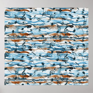 Abstract watercolor music notes pattern. poster