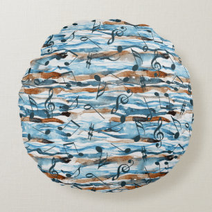 Abstract watercolor music notes pattern. round cushion