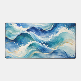 Abstract Watercolor Ocean Waves Desk Mat