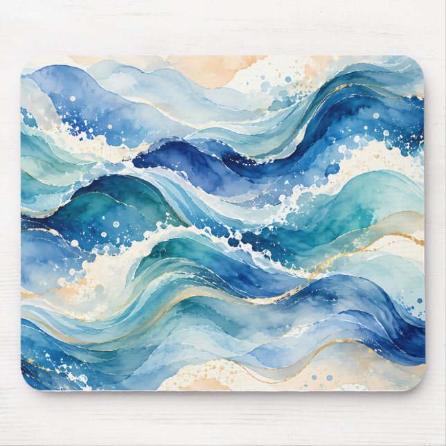 Abstract Watercolor Ocean Waves Mouse Pad (Front)