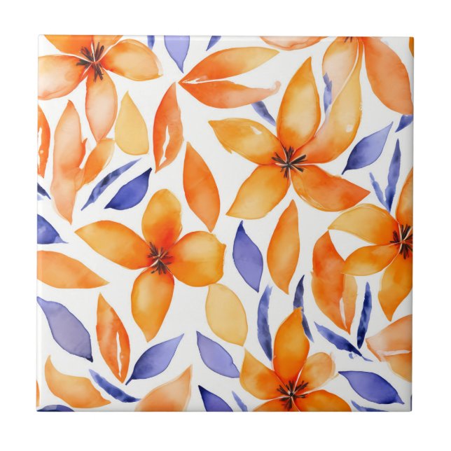 Abstract watercolor orange floral modern tile (Front)