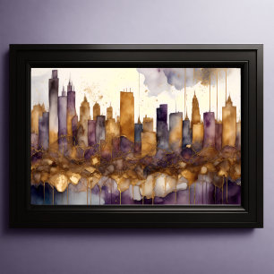 Abstract Watercolor Painting Gold Cityscape 3:2 Poster