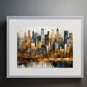Abstract Watercolor Painting Gold Cityscape 4:3 Poster