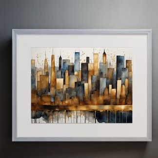 Abstract Watercolor Painting Gold Cityscape 4:3 Poster