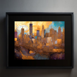 Abstract Watercolor Painting Gold Cityscape 4:3 Poster