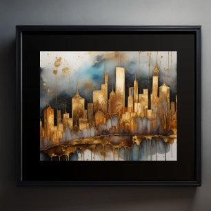 Abstract Watercolor Painting Gold Cityscape 5:4 Poster