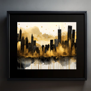 Abstract Watercolor Painting Gold Cityscape 5:4 Poster