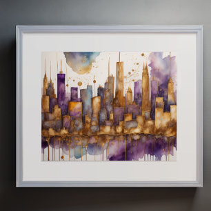 Abstract Watercolor Painting Gold Cityscape 5:4 Poster