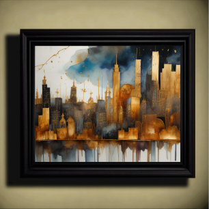 Abstract Watercolor Painting Gold Cityscape 5:4 Poster