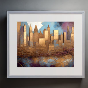 Abstract Watercolor Painting Gold Cityscape 5:4 Poster