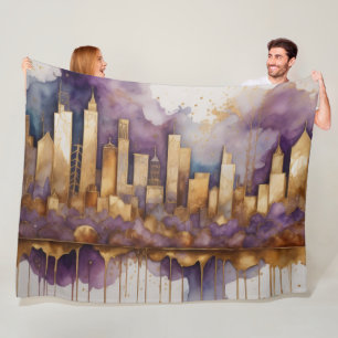 Abstract Watercolor Painting Gold Cityscape Purple Fleece Blanket