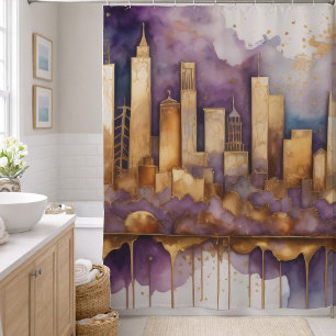 Abstract Watercolor Painting Gold Cityscape Shower Curtain