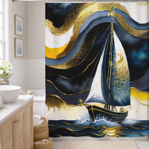 Abstract Watercolor Painting  Sailboat Night Shower Curtain