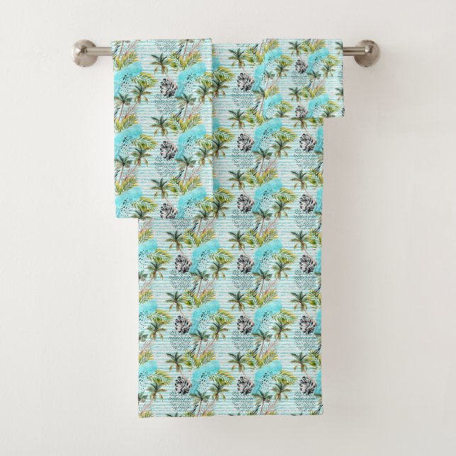 Abstract Watercolor Palm Tree Pattern Bath Towel Set (Insitu)