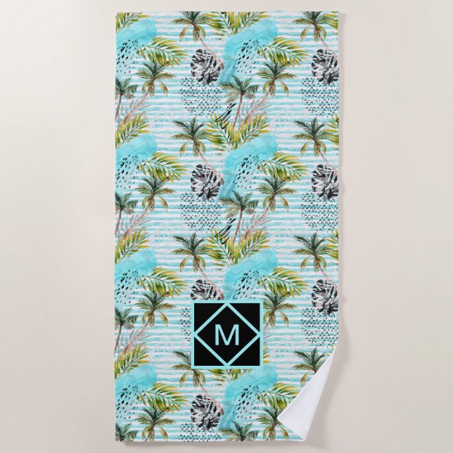 Abstract Watercolor Palm Tree Pattern Beach Towel (Front)