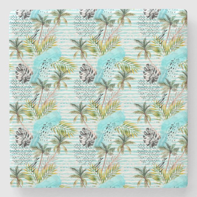 Abstract Watercolor Palm Tree Pattern Stone Coaster (Front)