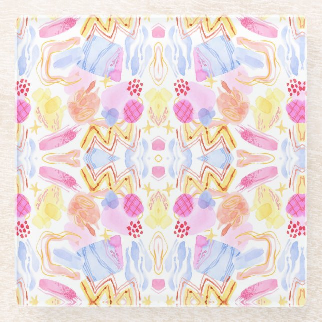 Abstract watercolor pattern with mirrored  glass coaster (Front)