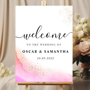 Abstract Watercolor Pink Brush Strokes & Gold Poster