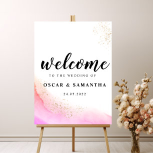 Abstract Watercolor Pink Brush Strokes & Gold Poster