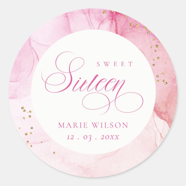 Abstract Watercolor Pink Gold Sweet Sixteen  Classic Round Sticker (Front)
