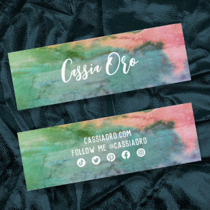 Abstract Watercolor Pink Green Custom Social Icons Mini Business Card