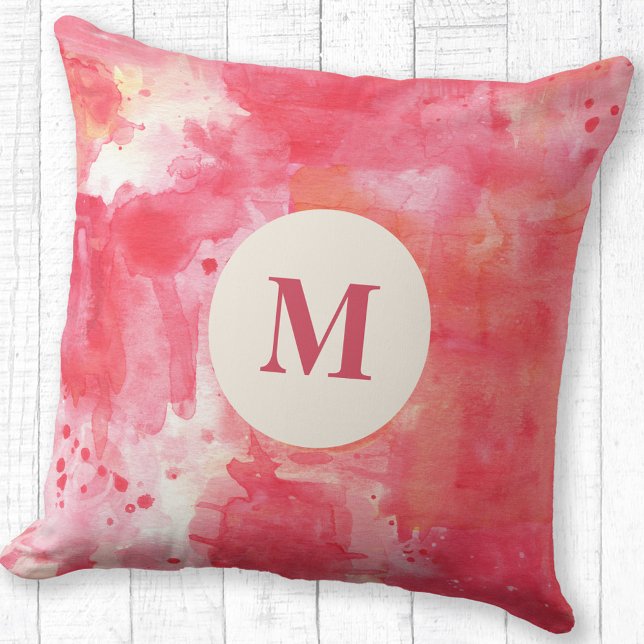 Abstract Watercolor Pink Monogram Cushion (Modern monogram initial personalized pink abstract watercolor throw pillow)