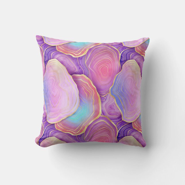 Abstract watercolor pink teal gold lavender agate cushion (Front)