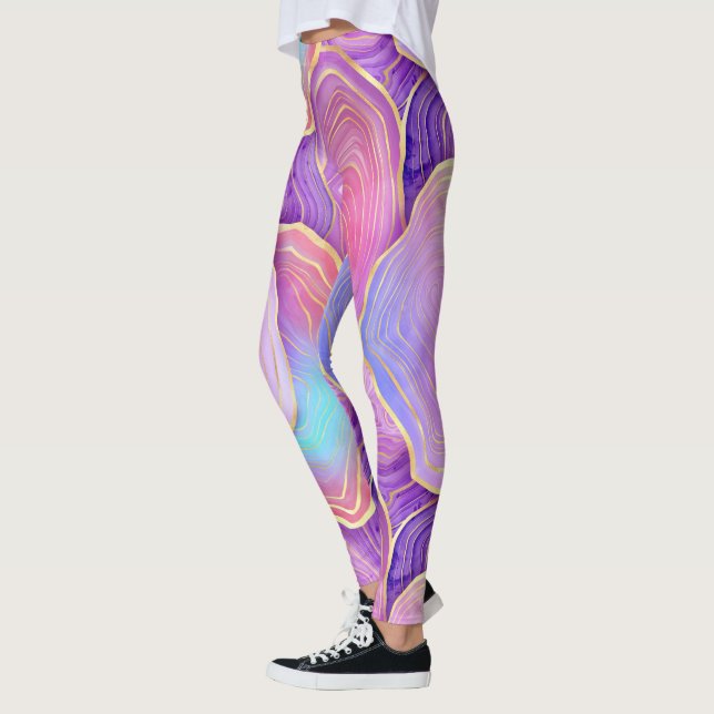 Abstract watercolor pink teal gold lavender agate leggings (Left)