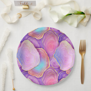 Abstract watercolor pink teal gold lavender agate paper plate