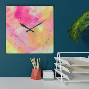 Abstract Watercolor Pink Yellow Purple Square Wall Clock
