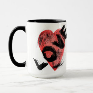 Abstract Watercolor Red Heart Mug with Black Brush