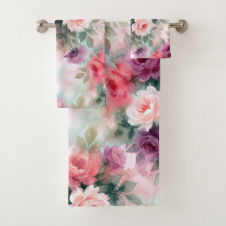 Abstract Watercolor Roses Pattern –Romantic Floral Bath Towel Set