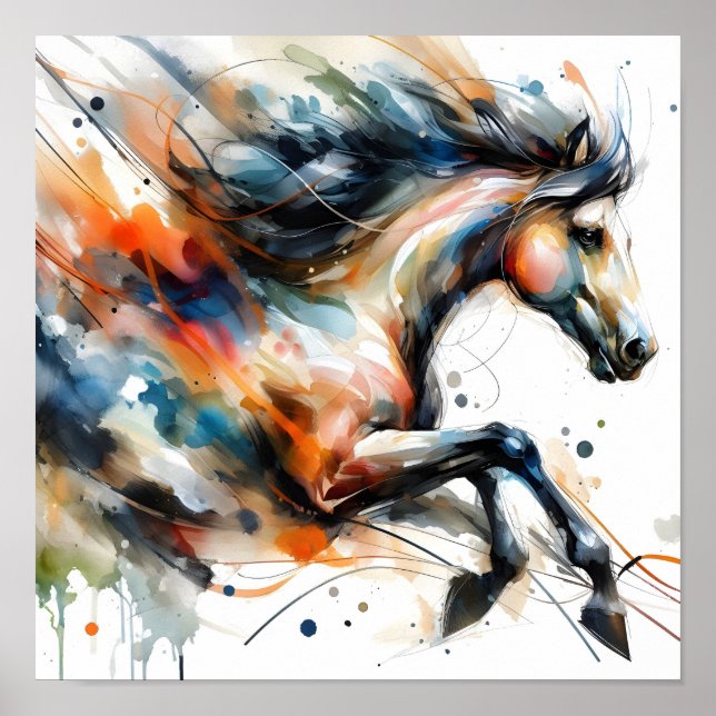 Abstract Watercolor Running Horse Poster (Front)
