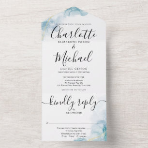 Abstract Watercolor Script Monogram Wedding  All In One Invitation