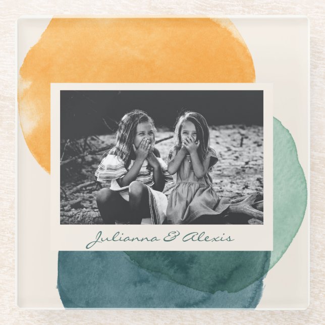 Abstract Watercolor Shapes Teal Blue Photo Name Glass Coaster (Front)