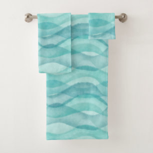 Abstract Watercolor Waves, Turquoise, Aqua Bath Towel Set