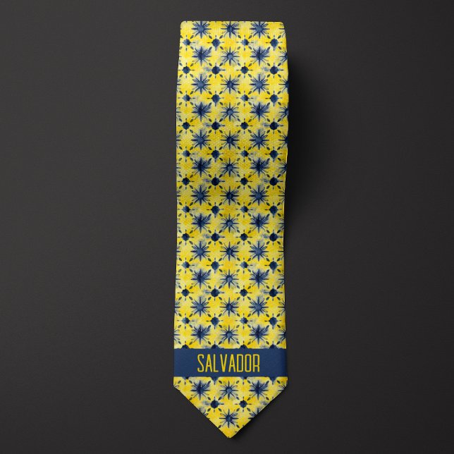 Abstract Watercolor Yellow & Blue Floral Monogram Tie (Creator Uploaded)