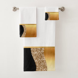 ABSTRACT WAVE BLACK GOLD BATHROOM TOWEL SET