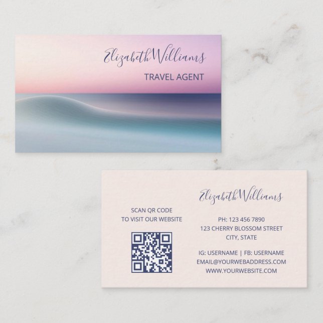 Abstract Wave Pink Turquise  | QR Code Business Card (Front/Back)