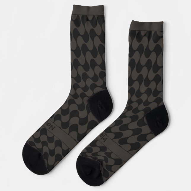 Abstract Waves Black and Grey with Text Socks (Left)