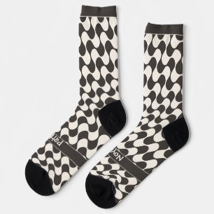 Abstract Waves Black and White with Text Socks