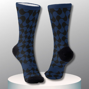 Abstract Waves Blue and Black with Text Socks