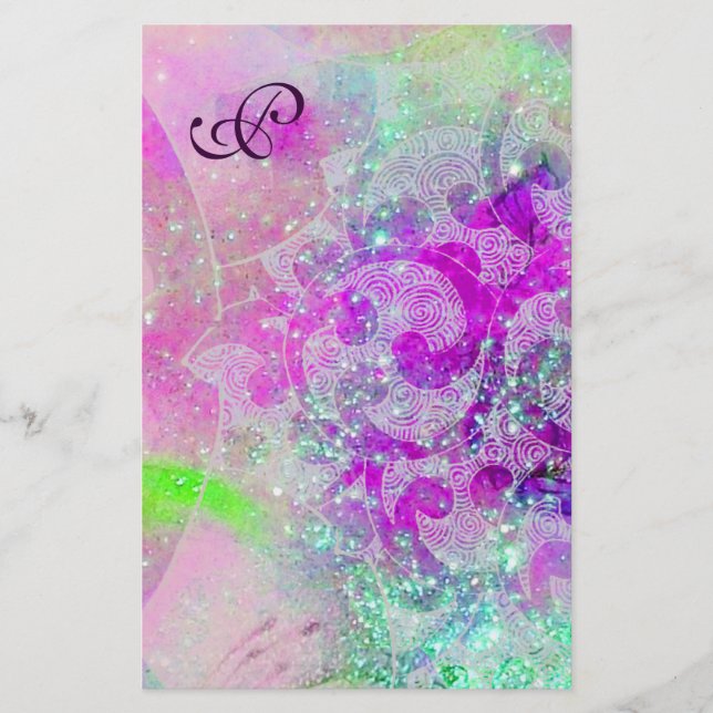 ABSTRACT WAVES Blue,Purple Pink Wedding Monogram Stationery (Front)