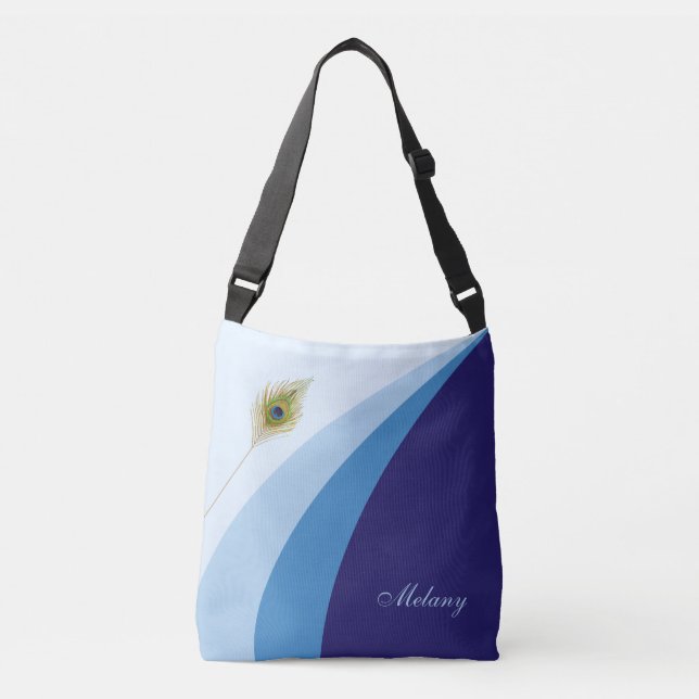 Abstract waves in blue shades & peacock feather crossbody bag (Front)