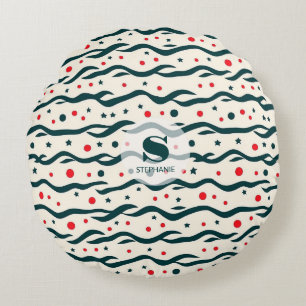 Abstract Wavy Lines and Geometric Shapes Pattern Round Cushion
