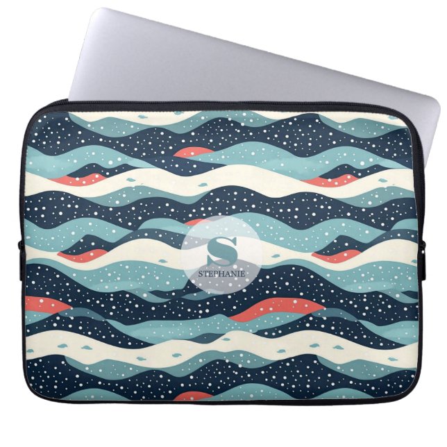 Abstract Wavy Lines with Snowflake Dots Laptop Sleeve (Front)