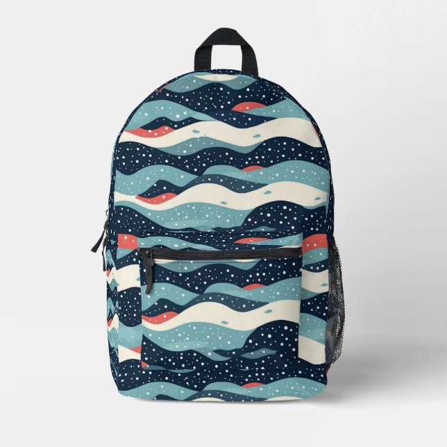 Abstract Wavy Lines with Snowflake Dots Printed Backpack (Front)