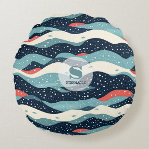 Abstract Wavy Lines with Snowflake Dots Round Cushion