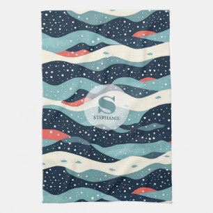 Abstract Wavy Lines with Snowflake Dots Tea Towel