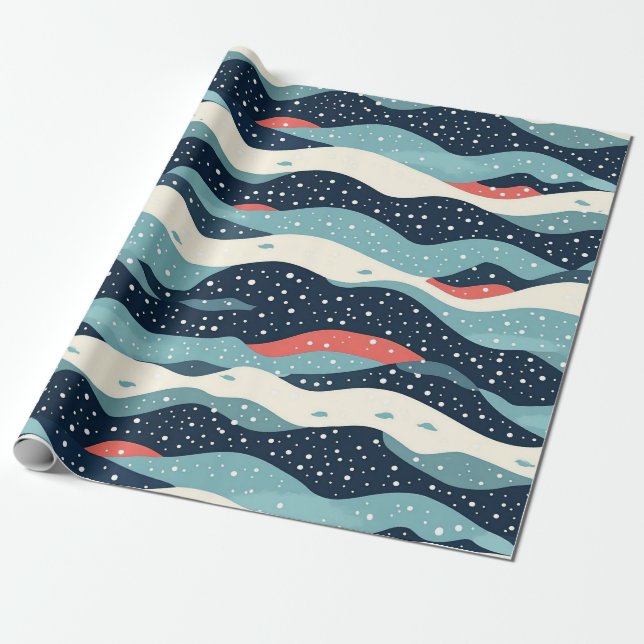 Abstract Wavy Lines with Snowflake Dots Wrapping Paper (Unrolled)